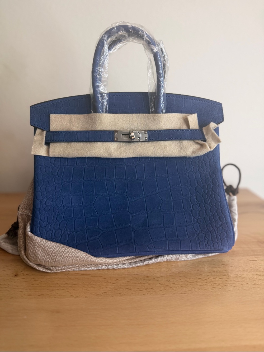 H Birkin 25 Bleu Royal Matte embossed Doblis suede Porosus Crocodile PHW